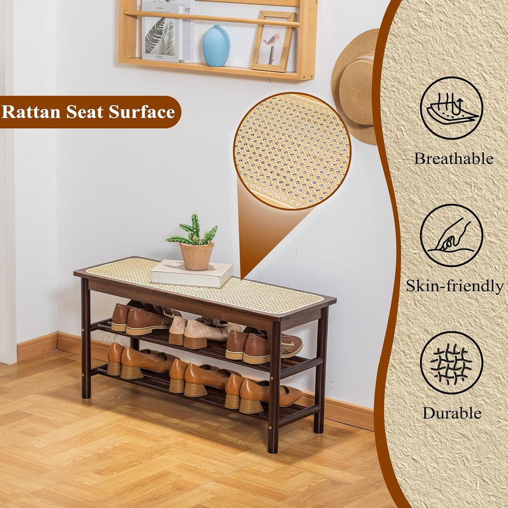 Bamboo Entryway Bench with Woven Rattan Seat, 2-Tier Shoe Storage Bench for H...