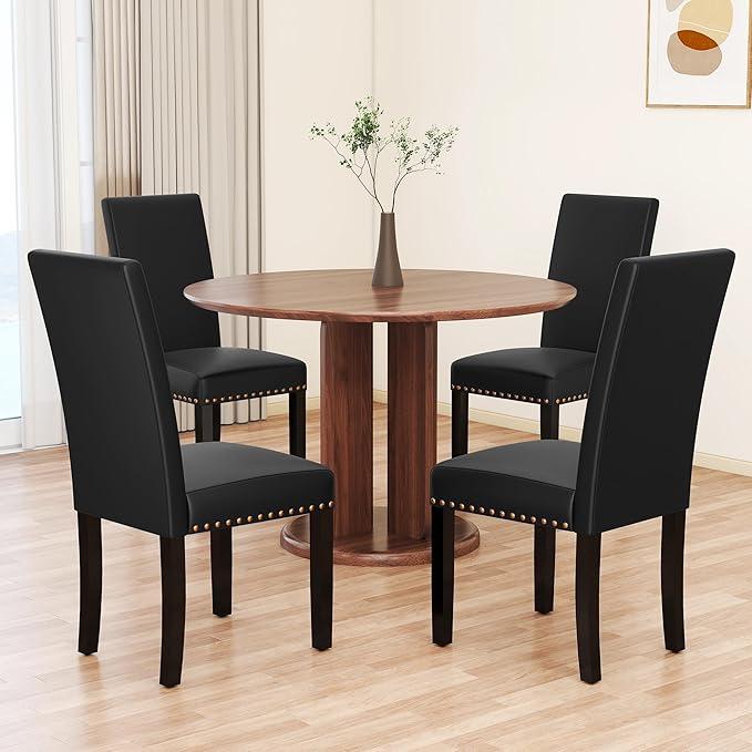 LSSBOUGHT Waterproof & Stain-Resistant Dining Chairs Set of 4, Upholstered Faux Leather Kitchen Chairs with Solid Wood Frame, 300LBS Capacity Armless Dining Room Chairs for Small Spaces, Black
