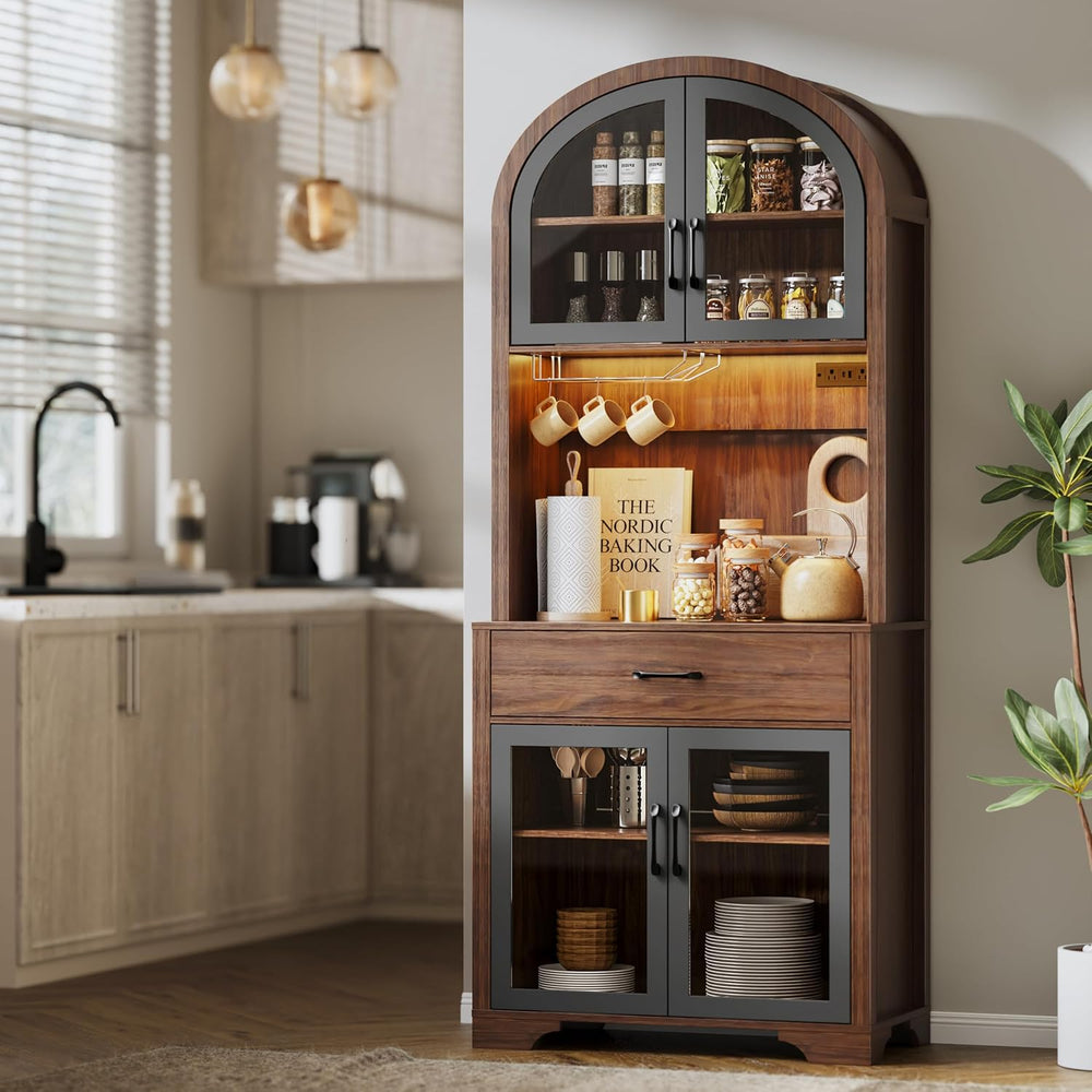 75" Tall Arched Pantry Cabinet with Charging Station & LED Light, Ki...