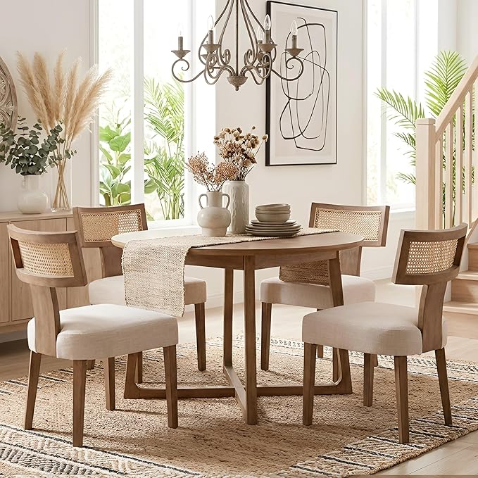 HNY Mid Century Modern Rattan Dining Chairs Set of 6, Farmhouse Linen Upholstered Accent Chair Curved Backrest Kitchen Chairs, with Hardwood Frame, Beige