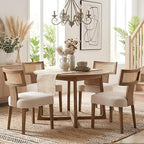 HNY Mid Century Modern Rattan Dining Chairs Set of 4, Farmhouse Linen Upholstered Accent Chair Curved Backrest Kitchen Chairs, with Hardwood Frame, Beige
