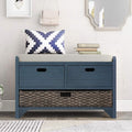 Merax Classic Wood Shoe Storage Bench with 2 Drawers, Large Rattan Basket and Seat Cushion for Entryway Hallway Front Door Navy