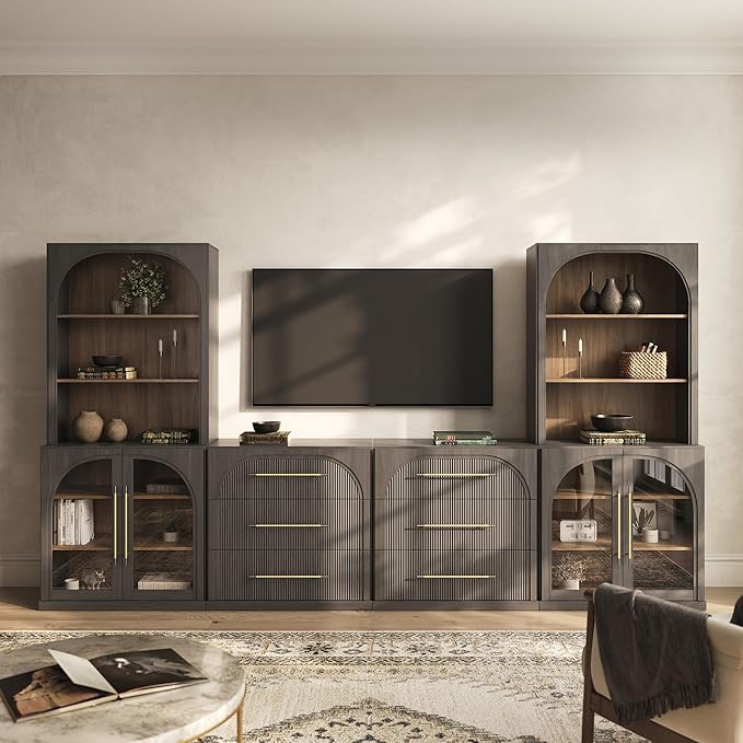 BELLEZE 6-Piece Modular TV Stand Set - 2 Arched Glass Door Sideboards, 2 Sideboards with Drawer, 2 Hutch Cabinets, Classic Modern Media Console Entertainment Center for Living Room (Ebony)