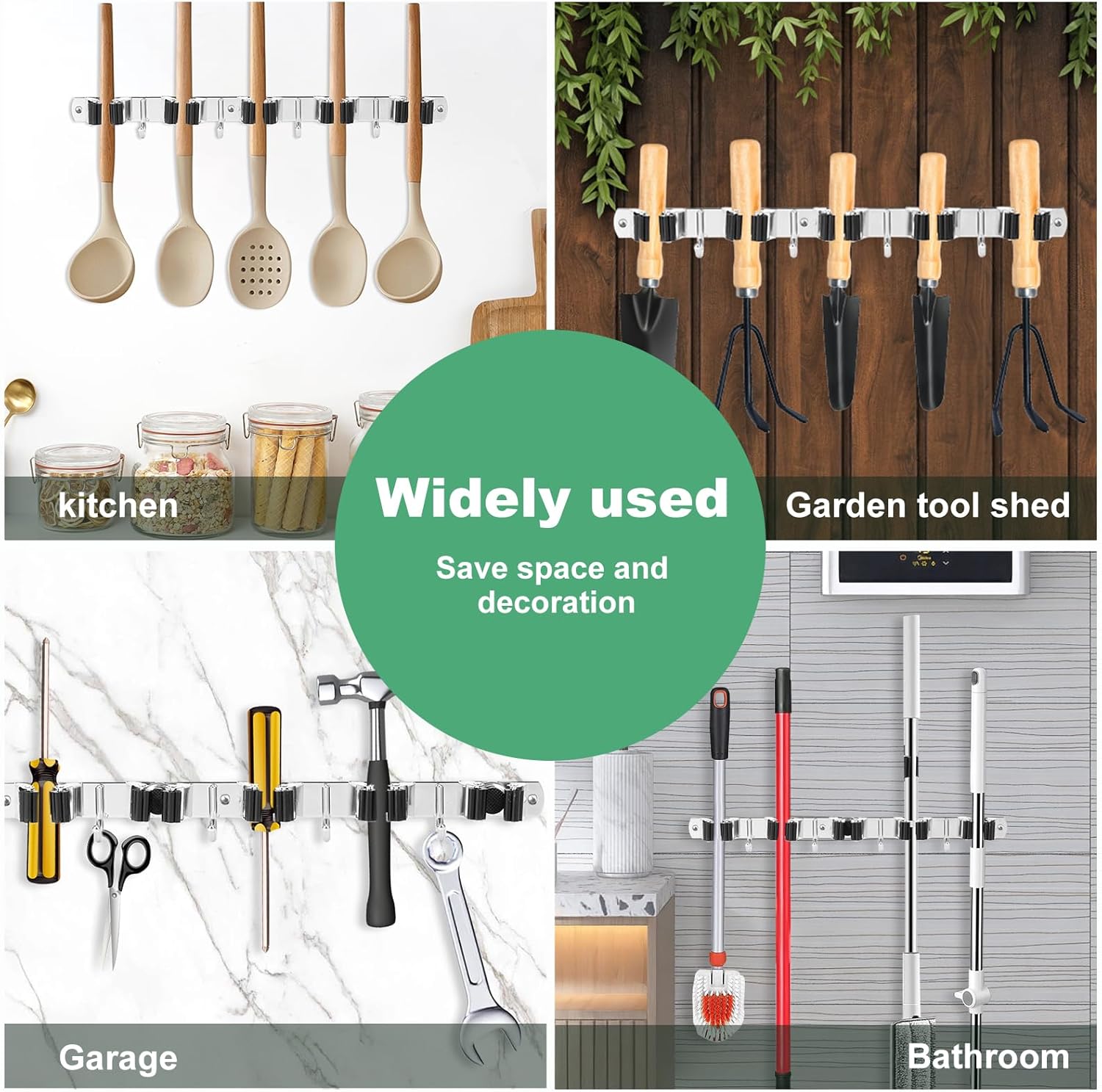 2 Pack Broom Holder Wall Mount 5 Racks 4 Hooks Stainless Steel Broom Mop Holder Anti Slip Storage Rack Strong Load Bearing Waterproof Broom and Mop Organizer Wall Hanging for Bathroom Kitchen Garage