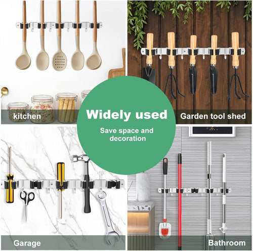 2 Pack Broom Holder Wall Mount 5 Racks 4 Hooks Stainless Steel Broom Mop Holder Anti Slip Storage Rack Strong Load Bearing Waterproof Broom and Mop Organizer Wall Hanging for Bathroom Kitchen Garage