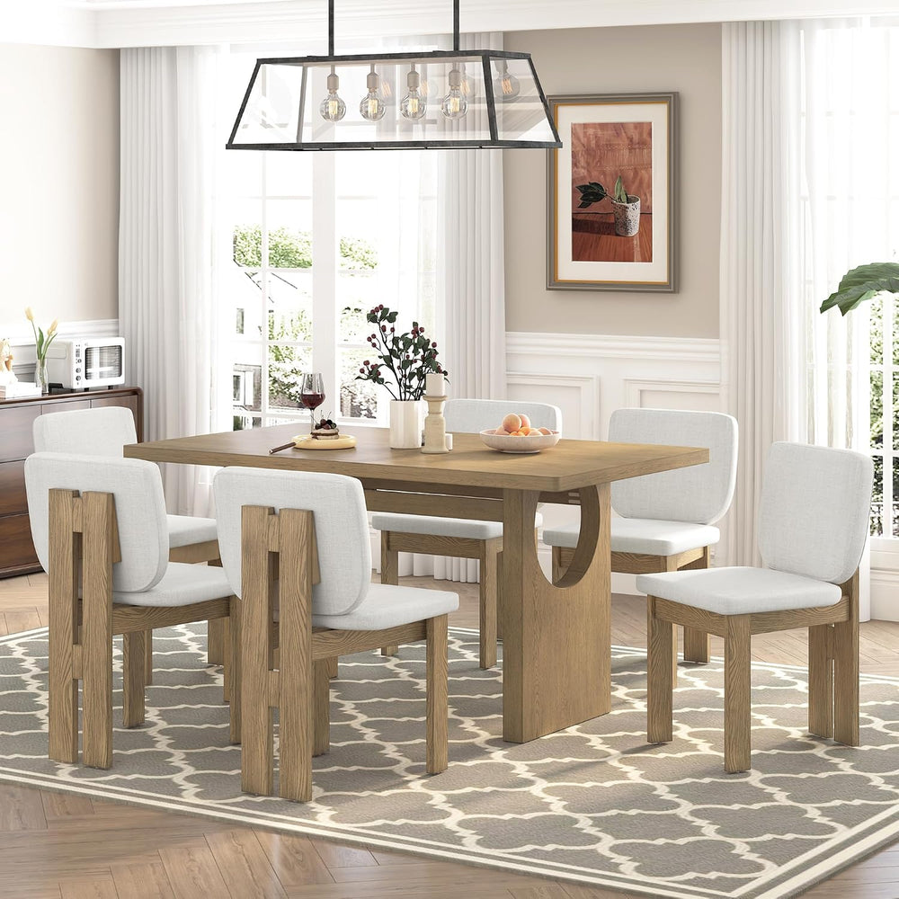 Merax Wood Dining Table Set for 6, Rectangular Tabletop/Upholstered Chairs/Re...