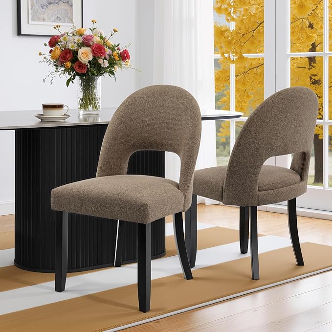 Upholstered Dining Chairs Set of 2, Mid Century Modern Dining Kitchen Chairs with Solid Wood Legs & Fabric Backret for Kitchen and Dining Rome, Brown