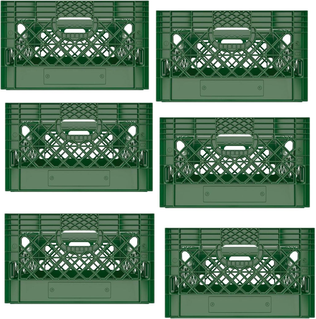 Heavy Duty Plastic Storage Milk Crates, Stackable Utility Organizer Bins, 19x11x13 Inches, 6 Pack, Made in USA, 24 Qt/6 Gallon Capacity (Green)