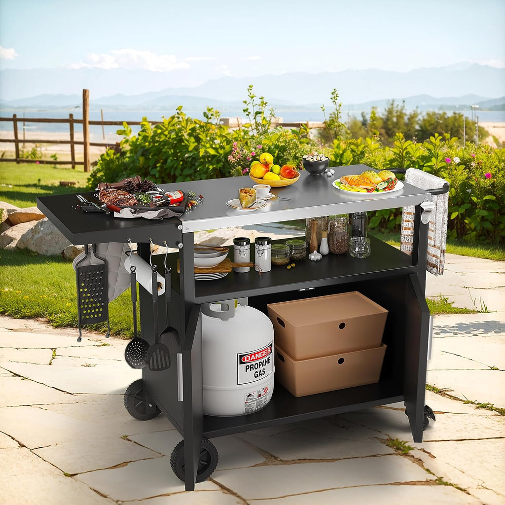 Shintenchi Outdoor Grill Cart Table with Stainless Steel Top for Kitchen Prep & BBQ, Outdoor Kitchen Island Table with Side Handle, Multifunctional Outdoor Grill Table, Black