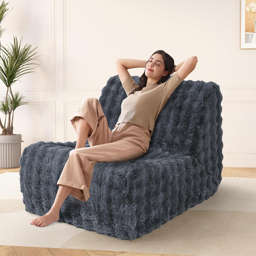 Bean Bag Chair for Adults, Giant Lazy Floor Bubble Sofa with Soft Pillow, Comfy Faux Fur Fireside Beanbags with Handle for Living Room, Bedroom, Apartment, Dark Blue