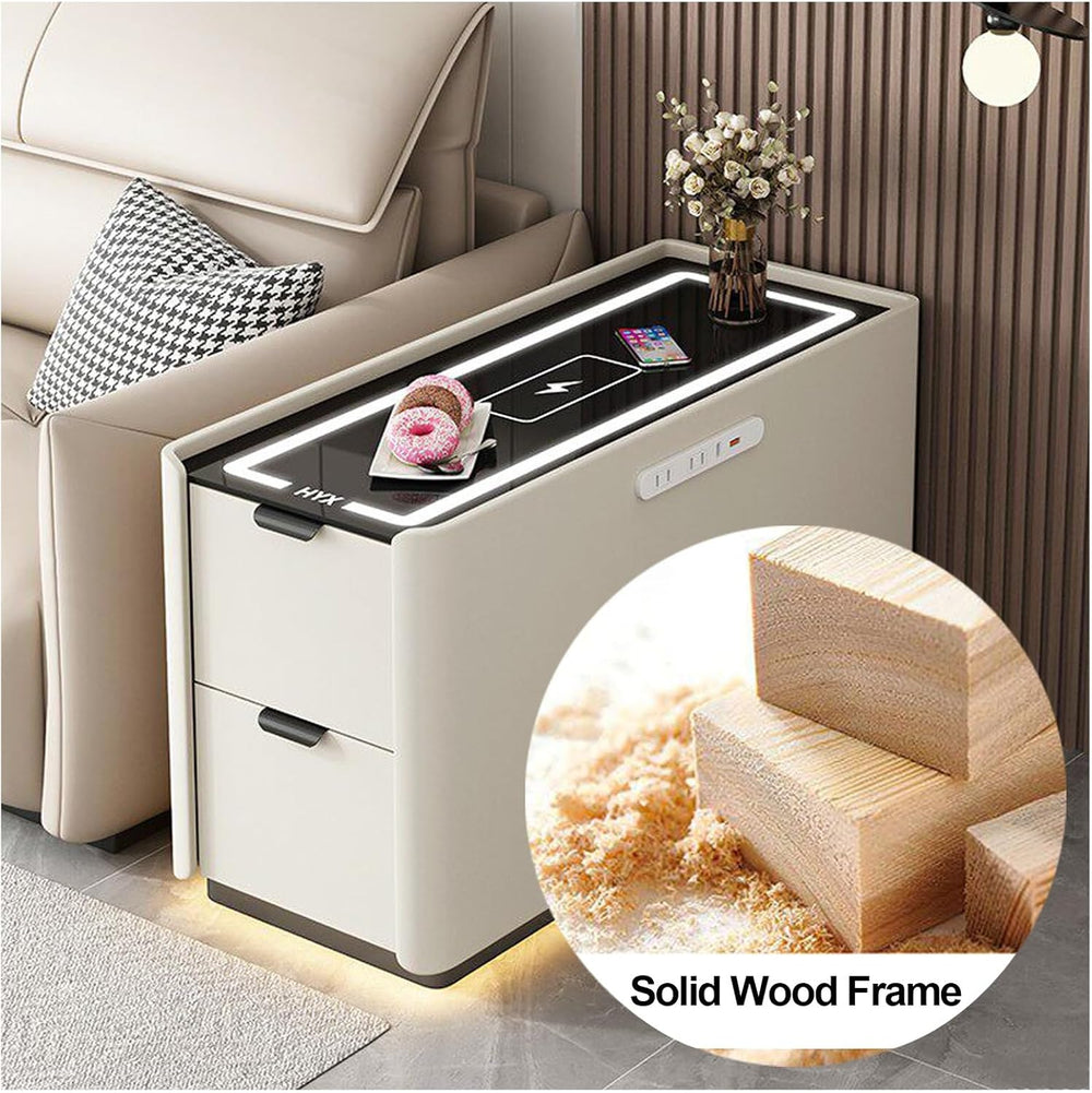 Smart Sofa Side Table with USB Charging Ports, 2 Drawers Storage, Tempered Gl...