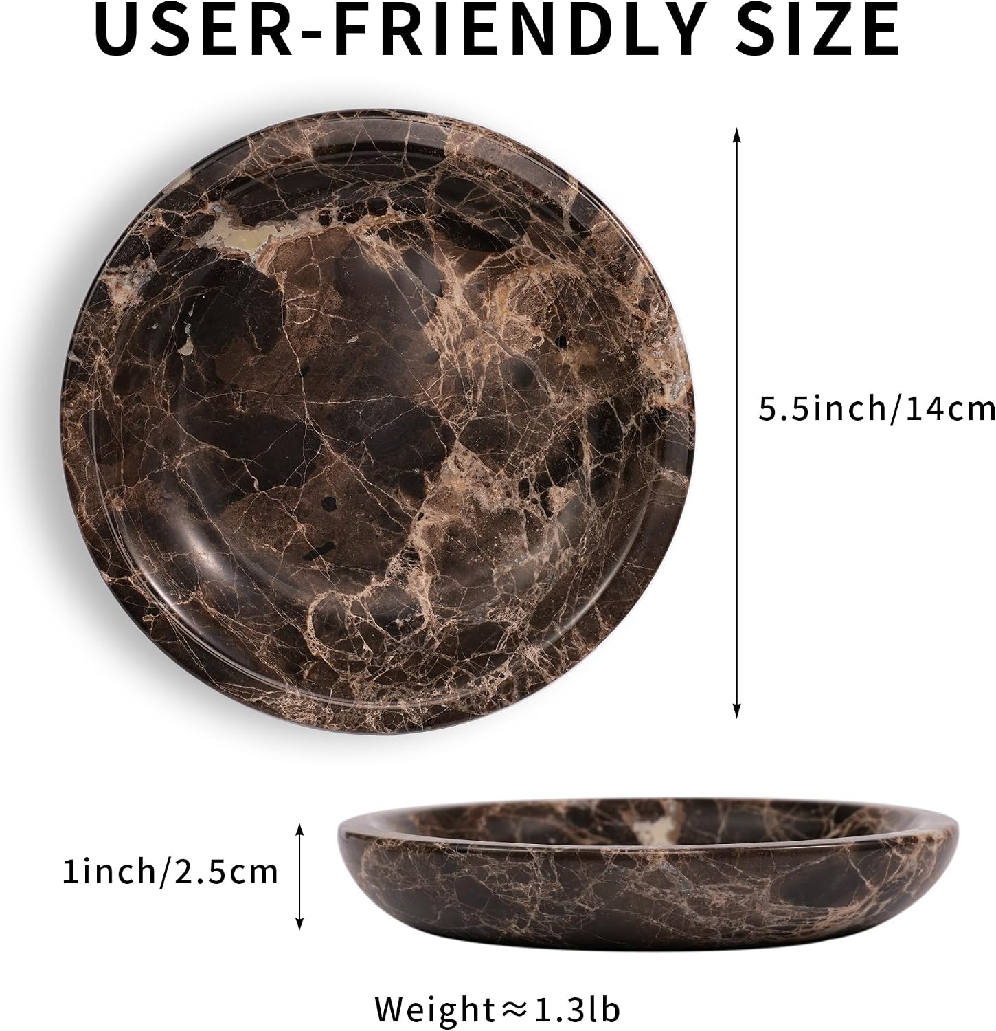 Brown Marble Jewelry Tray - Stone Trinket Ring Key Purse Holder Dish, Small Cute Round Plate Decorative Bowl for Nightstand Entryway Coffee Table Decor (5.5 inch)