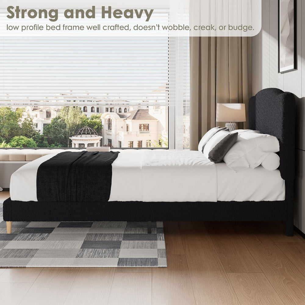 Garvee Bouclé Queen Size Bed Frame with Upholstered Headboard, Black