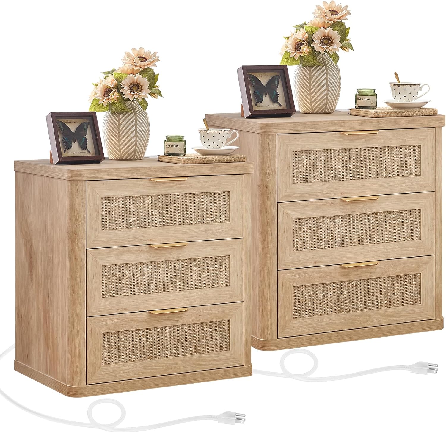 LEYAOYAO Rattan Night Stand Set of 2 with Charger Station, 23" Large 3 Drawer Boho Nightstand, Natural Wood Bedside Table Storage Cabinet, Bed Side End Tables for Bedroom, Living Room, Hallway