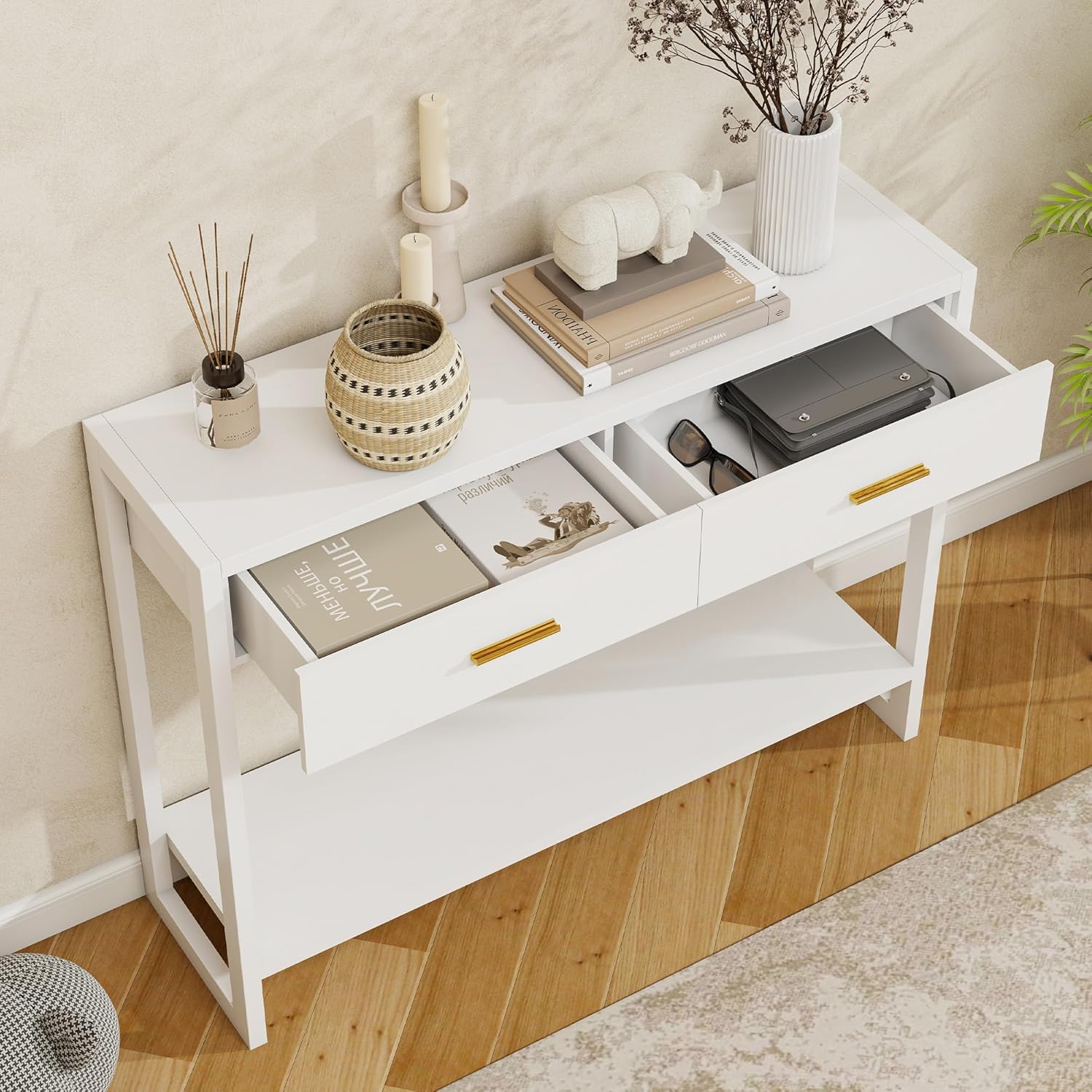 Entryway Table, Console Table with Motion Sensor Light, Sofa Table with 2 Drawers and Storage Shelf, Entryway Cabinet and Sideboard Cabinet for Hallway, Foyer, Living Room, White