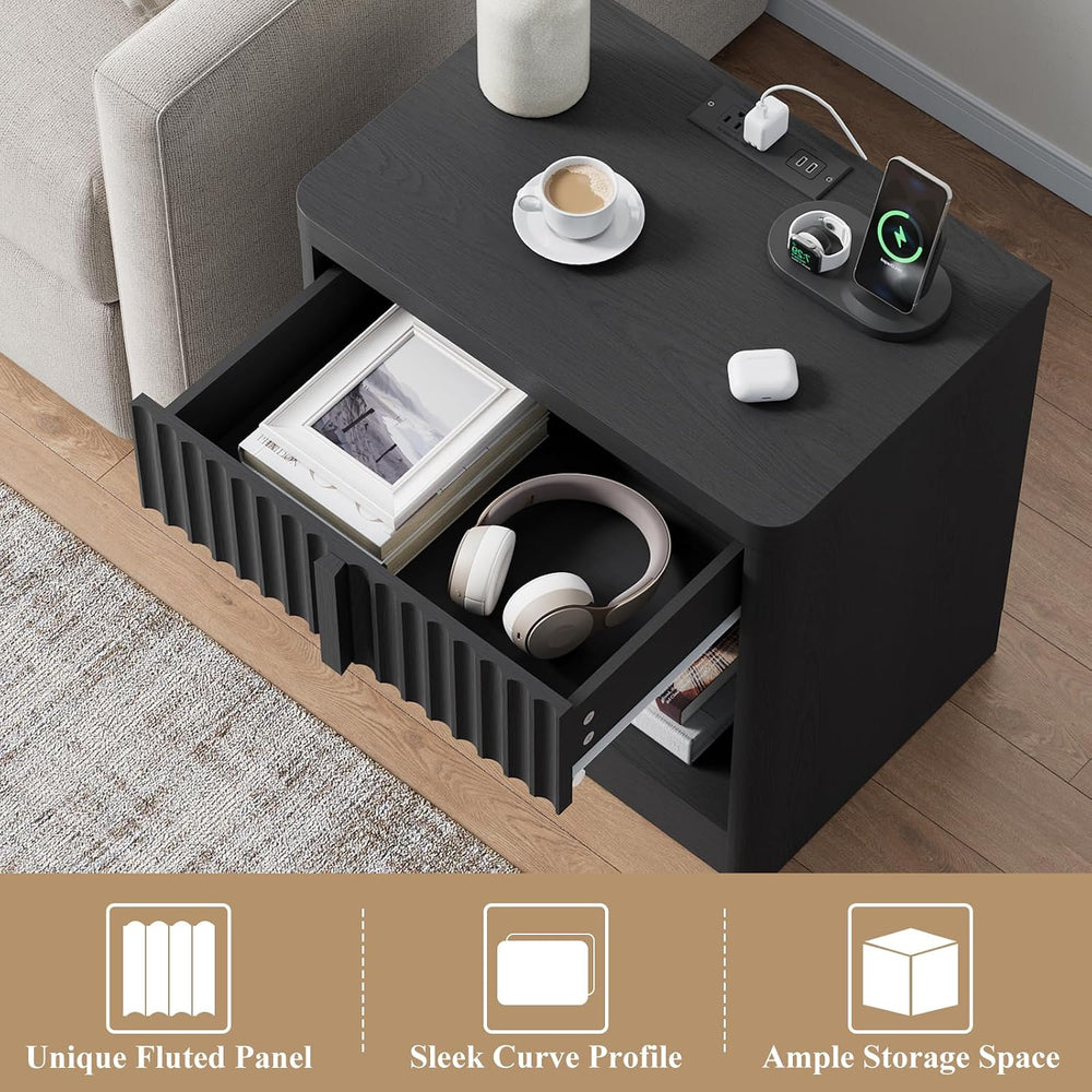 Fluted Nightstand with Charging Station, 23.6" End Table with Solid Wood...