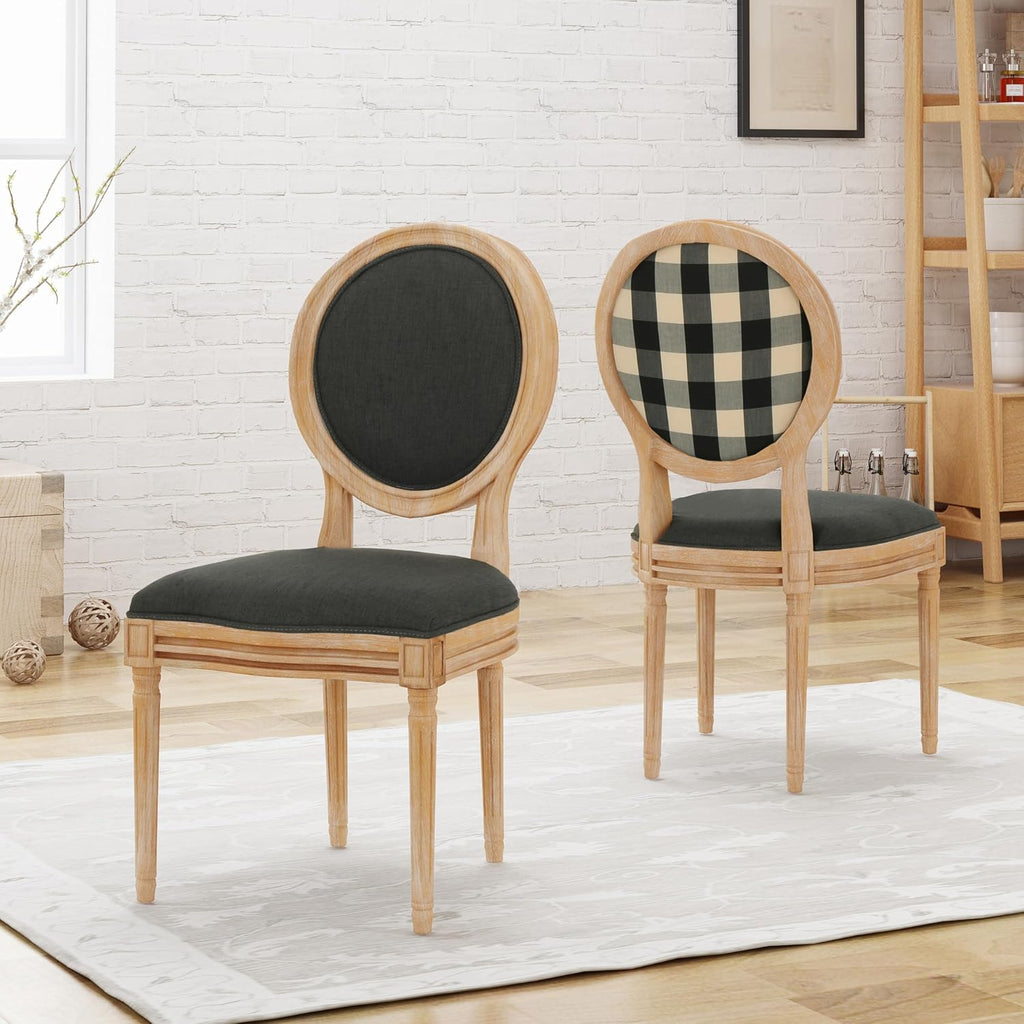 Christopher Knight Home Reed Upholstered Farmhouse Dining Chairs, (Set of 2), Dark Gray + Black Checkerboard + Natural