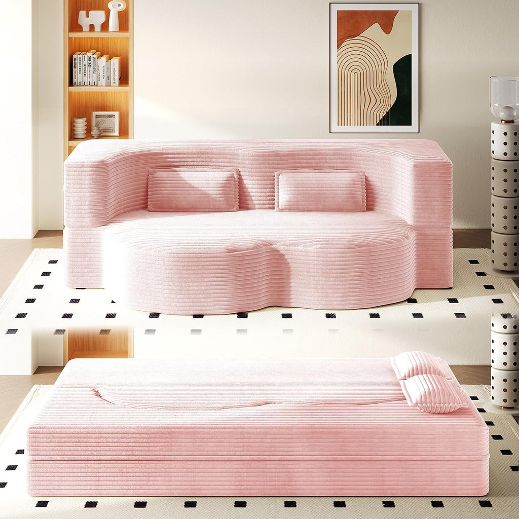 Convertible Folding Sofa Bed, 2-in-1 Full Size Floor Boneless Couch Bed, Corduroy Loveseat sleeper Couch Floor Sofa, Memory Foam Sleeper SofaBed, Small couches for small spaces, No Assembly, Baby Pink