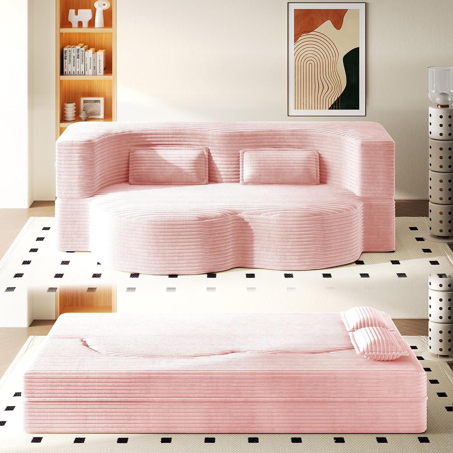 Convertible Folding Sofa Bed, 2-in-1 Full Size Floor Boneless Couch Bed, Corduroy Loveseat sleeper Couch Floor Sofa, Memory Foam Sleeper SofaBed, Small couches for small spaces, No Assembly, Baby Pink