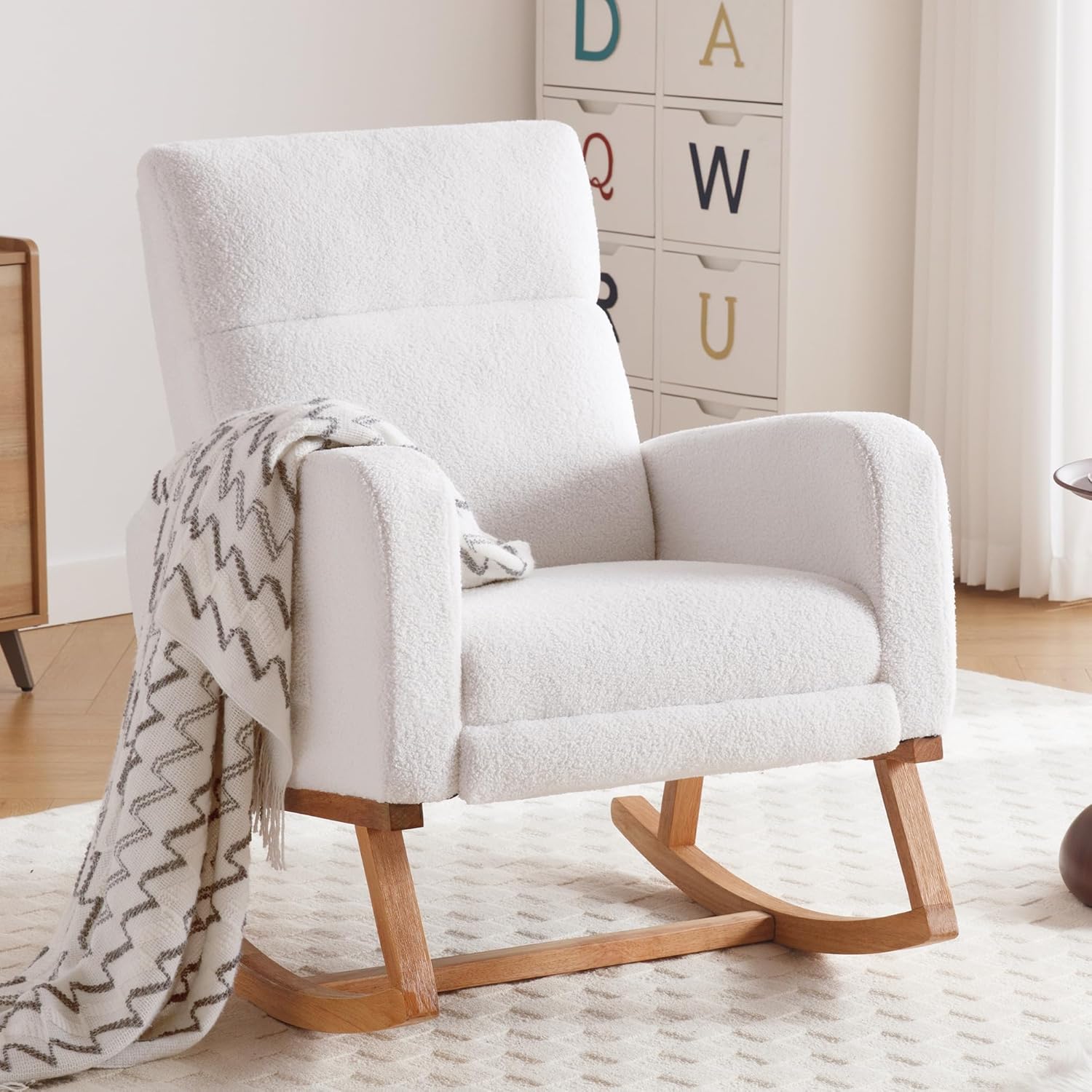 HCHAIRH Rocking Chair Nursery with Foot Rest, Nursing Rocking Chairs for Mom Nursery, Teddy Rocker Glider with High Backrest for Living Room, Bedroom, White