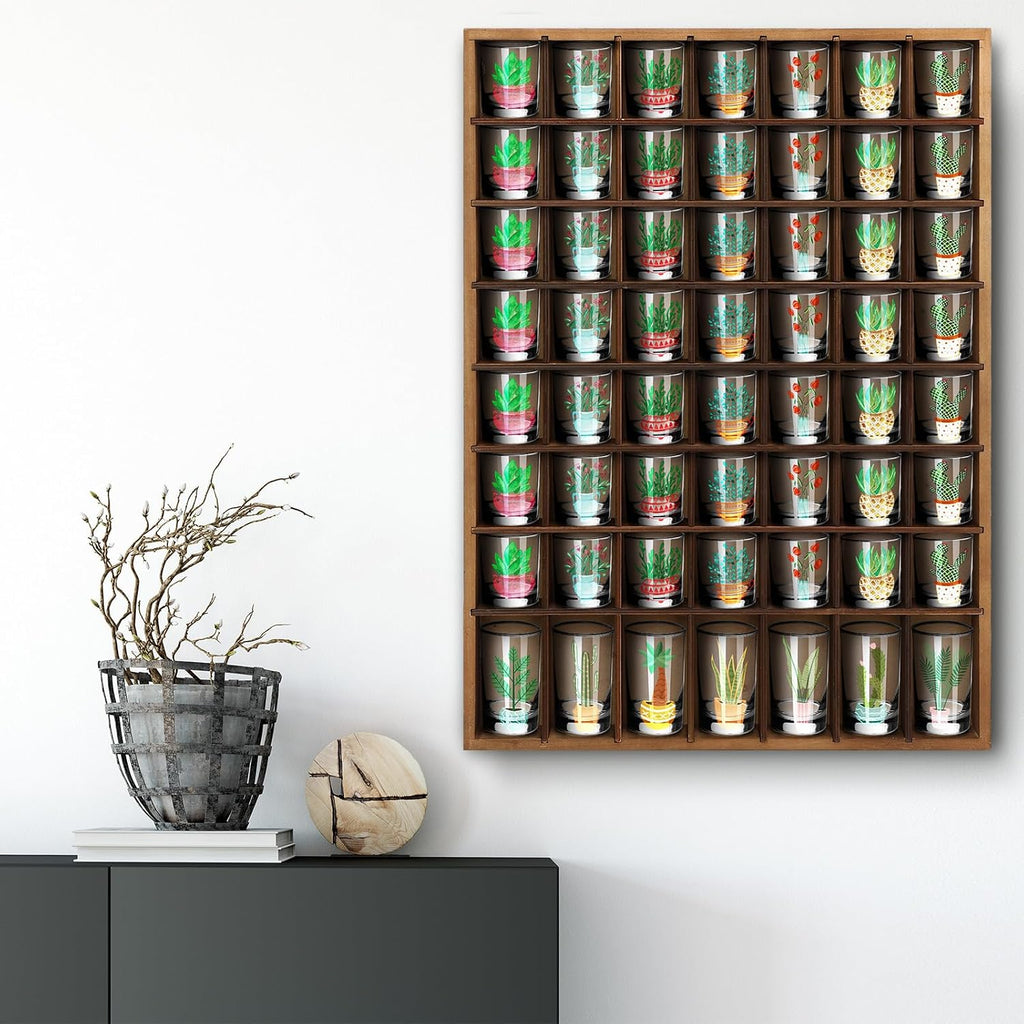 Barydat Shot Glass Display Case Wood Shot Glass shelf holder 56 Compartments Wall-mounted Rustic Bar Cabinet(Brown,1 Pcs)