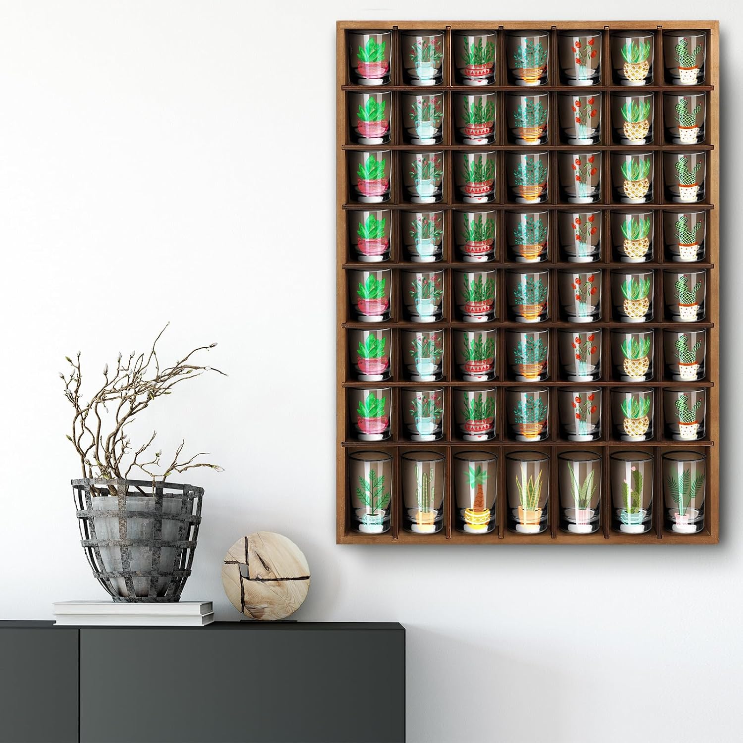 Barydat Shot Glass Display Case Wood Shot Glass shelf holder 56 Compartments Wall-mounted Rustic Bar Cabinet(Brown,1 Pcs)