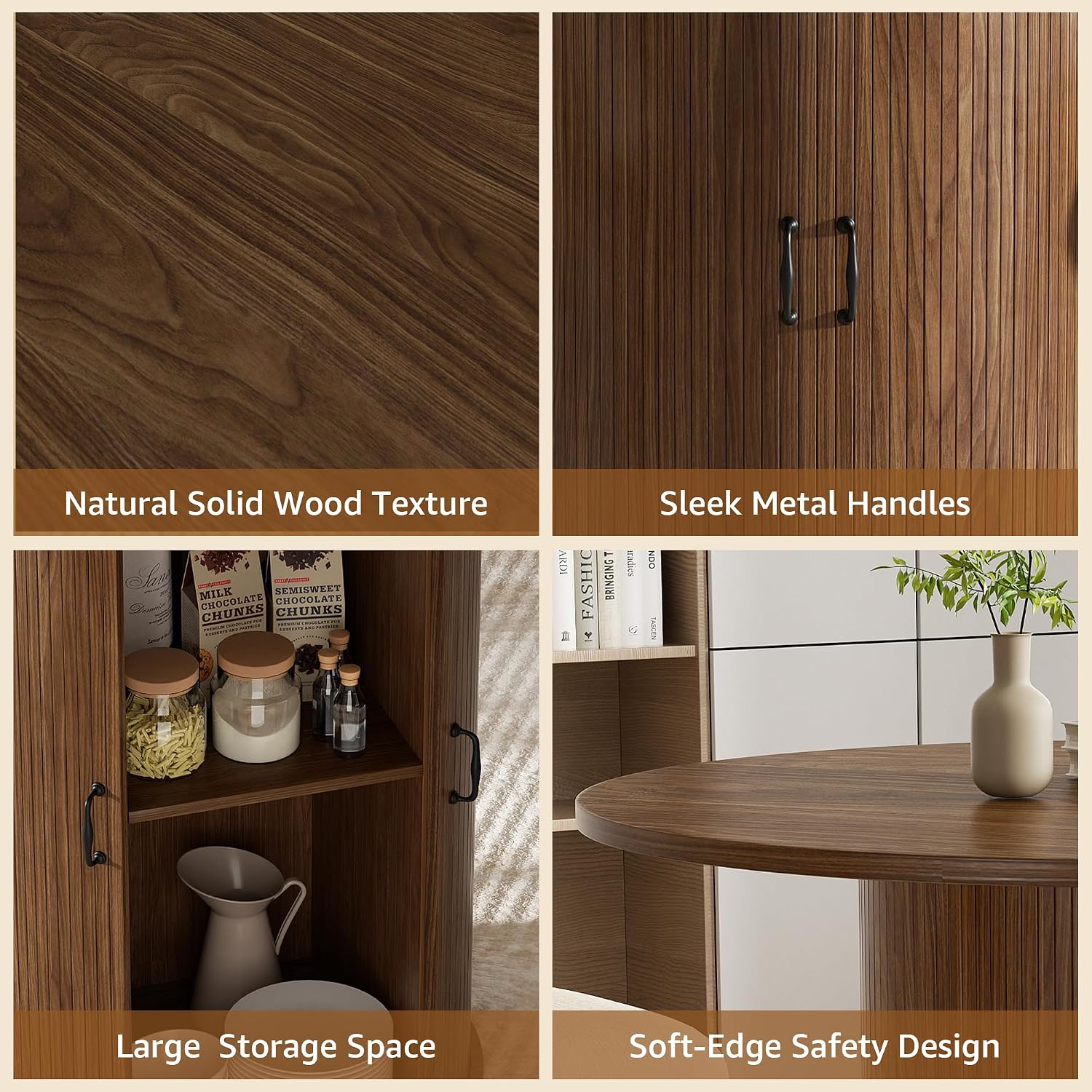 31.5 inch Round Dining Table for 2, Small Dinner Table with 2-Layer Storage Shelf, Morden Circle Kitchen Table with Wood Strip Base and Slide Door for Home Dining Room, Living Room, Walnut