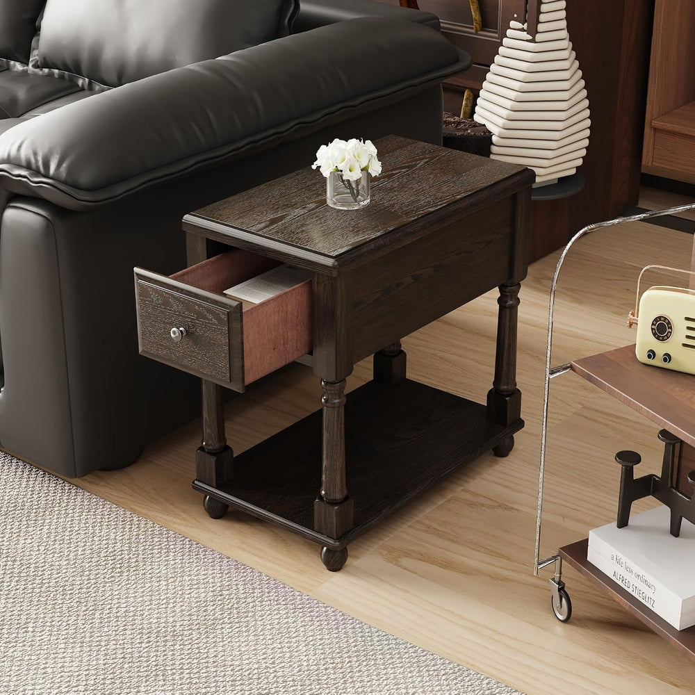 Narrow End Side Table with Drawer and Storage Shelf Set of 2, Solid Wood Sofa...