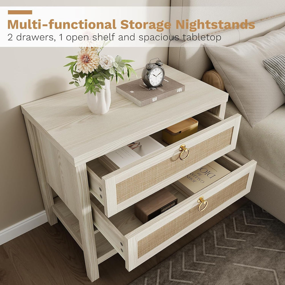 Eclatara Large Rattan Night Stand Set of 2 with 2 Drawers and Storage Shelf |...