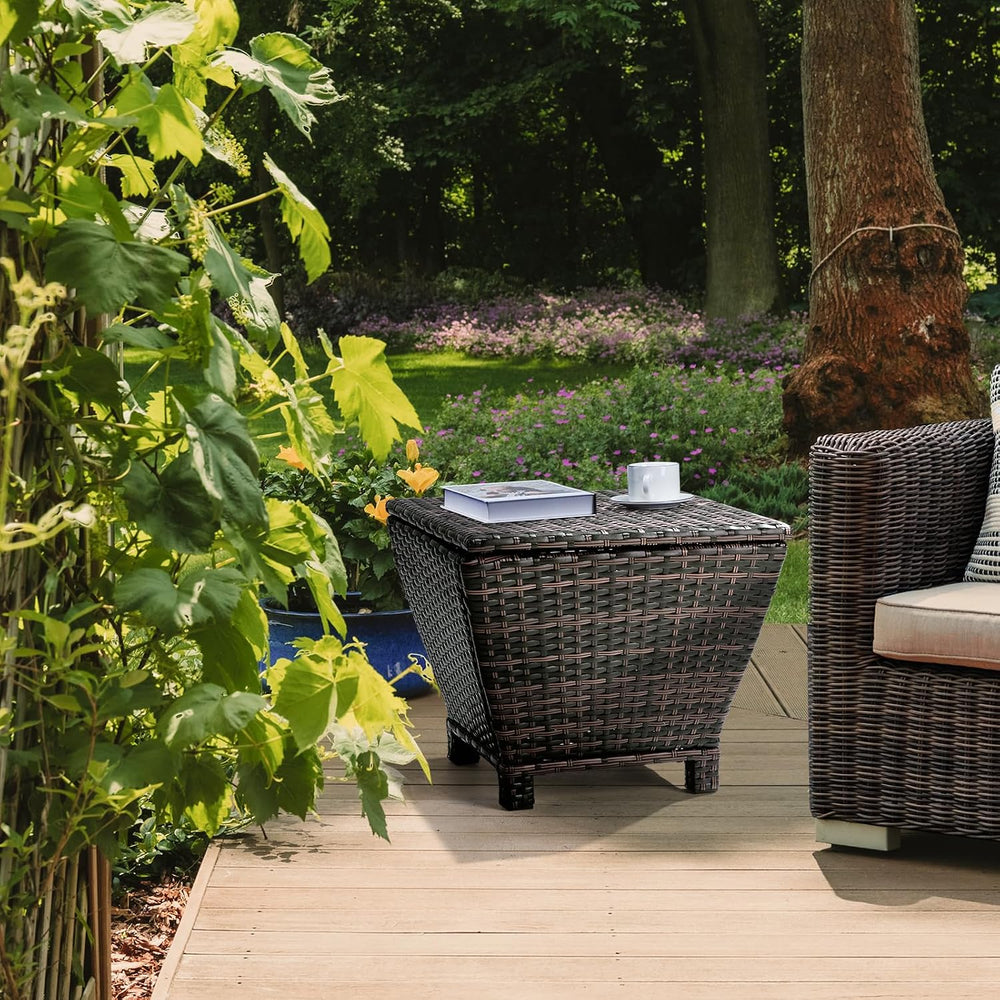 Outvita Brown Rattan 13 Gallon Outdoor Side Storage Table with Lid