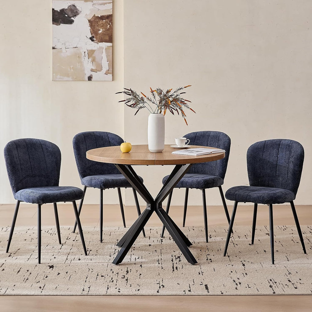 39" Round Dining Table Set for 4, Mid Century Kitchen Table with 4 Upholstered Accent Dining Chairs for Apartment Living Room Space Saving, Brown with Blue Chairs