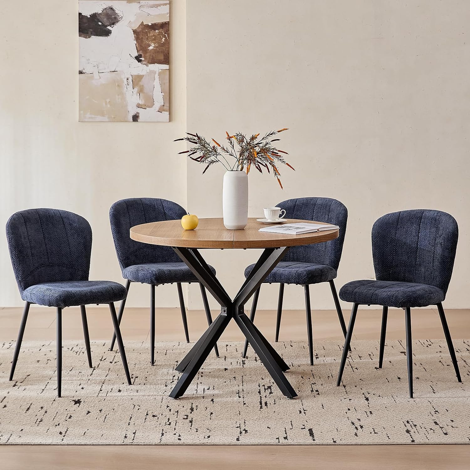 39" Round Dining Table Set for 4, Mid Century Kitchen Table with 4 Upholstered Accent Dining Chairs for Apartment Living Room Space Saving, Brown with Blue Chairs