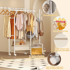 Homeiju Heavy Duty Clothes Rack Load 500LBS, Three Rods Clothing Racks for Hanging Clothes Extendable, Rolling Garment Rack with Sturdy Wheels, Basket, Storage Shelves, White
