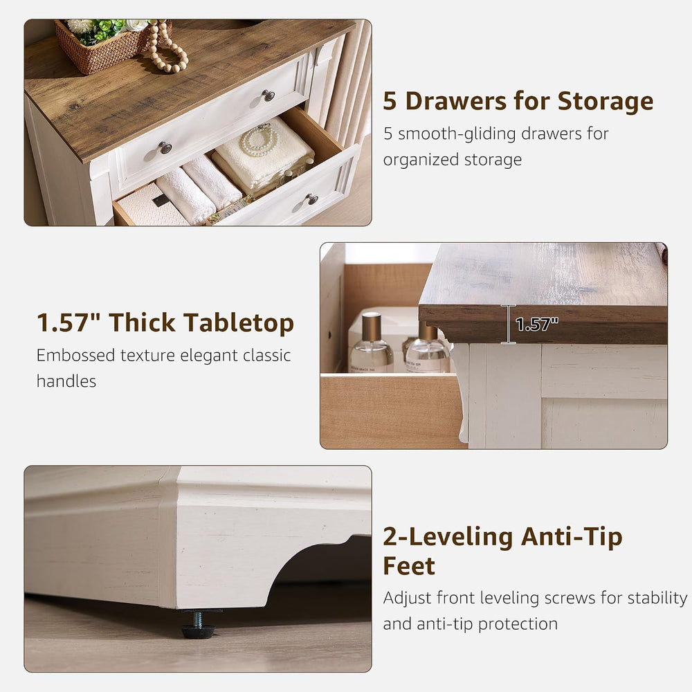 T4TREAM Farmhouse 5 Tall Drawers Dresser for Bedroom, 47" H Wooden Chests