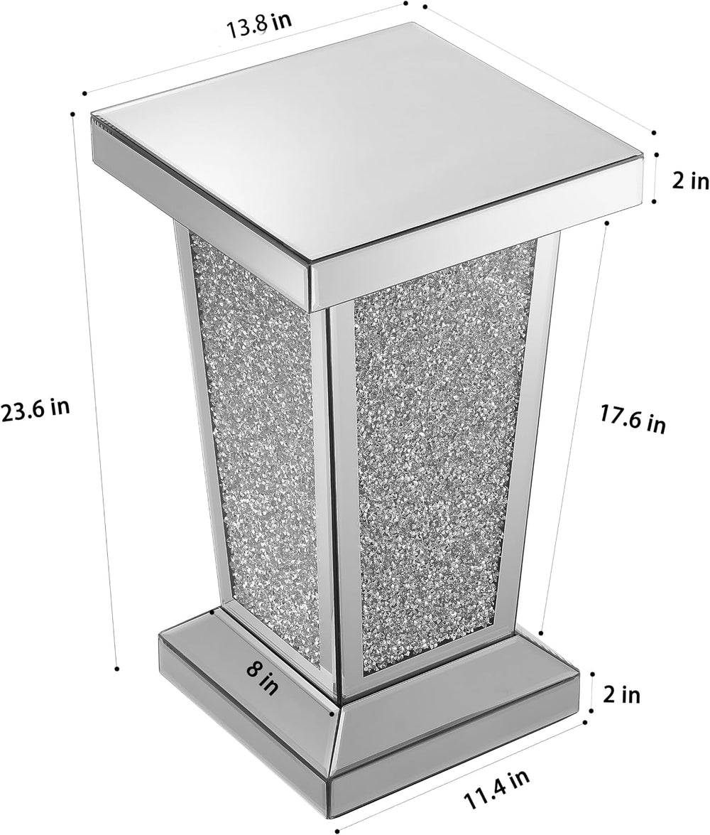 Silver Mirrored End Table with Crystal, Modern Side Accent Table, Square Smal...