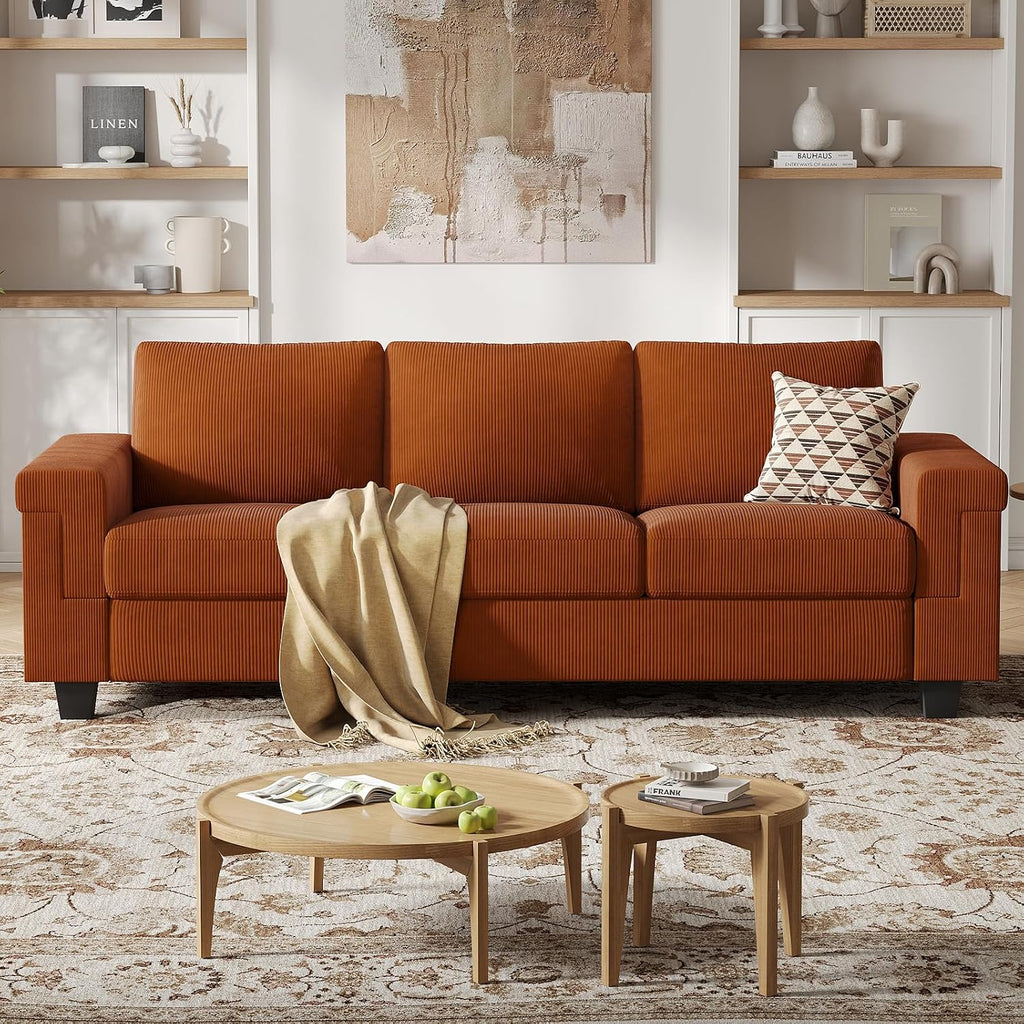 COPIAE 3 Seater Sofa Couch with Deep Seat, 90" Modern Upholstered Sofa with Armrests, Easy Installation, Comfy Couches for Living Room, Apartment,Rust