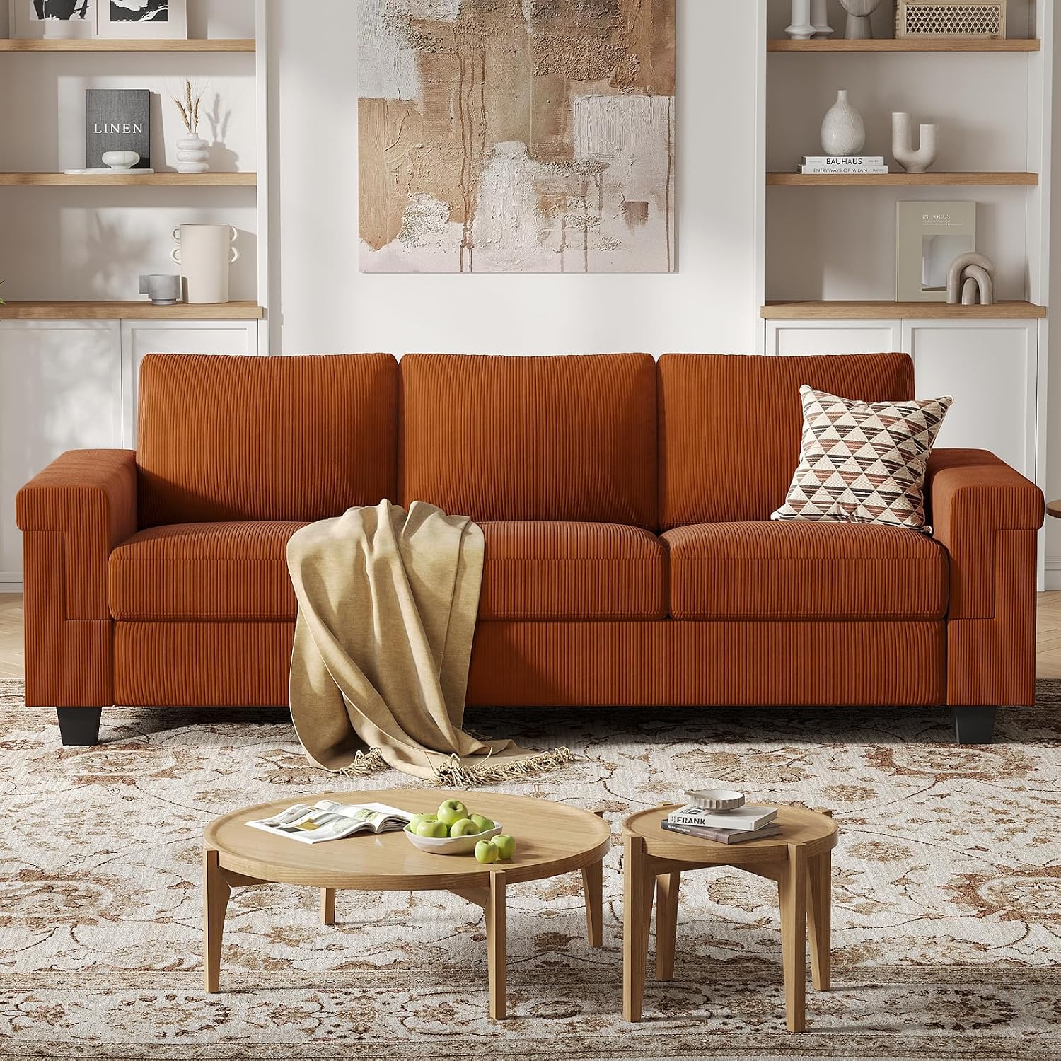 COPIAE 3 Seater Sofa Couch with Deep Seat, 90" Modern Upholstered Sofa with Armrests, Easy Installation, Comfy Couches for Living Room, Apartment,Rust