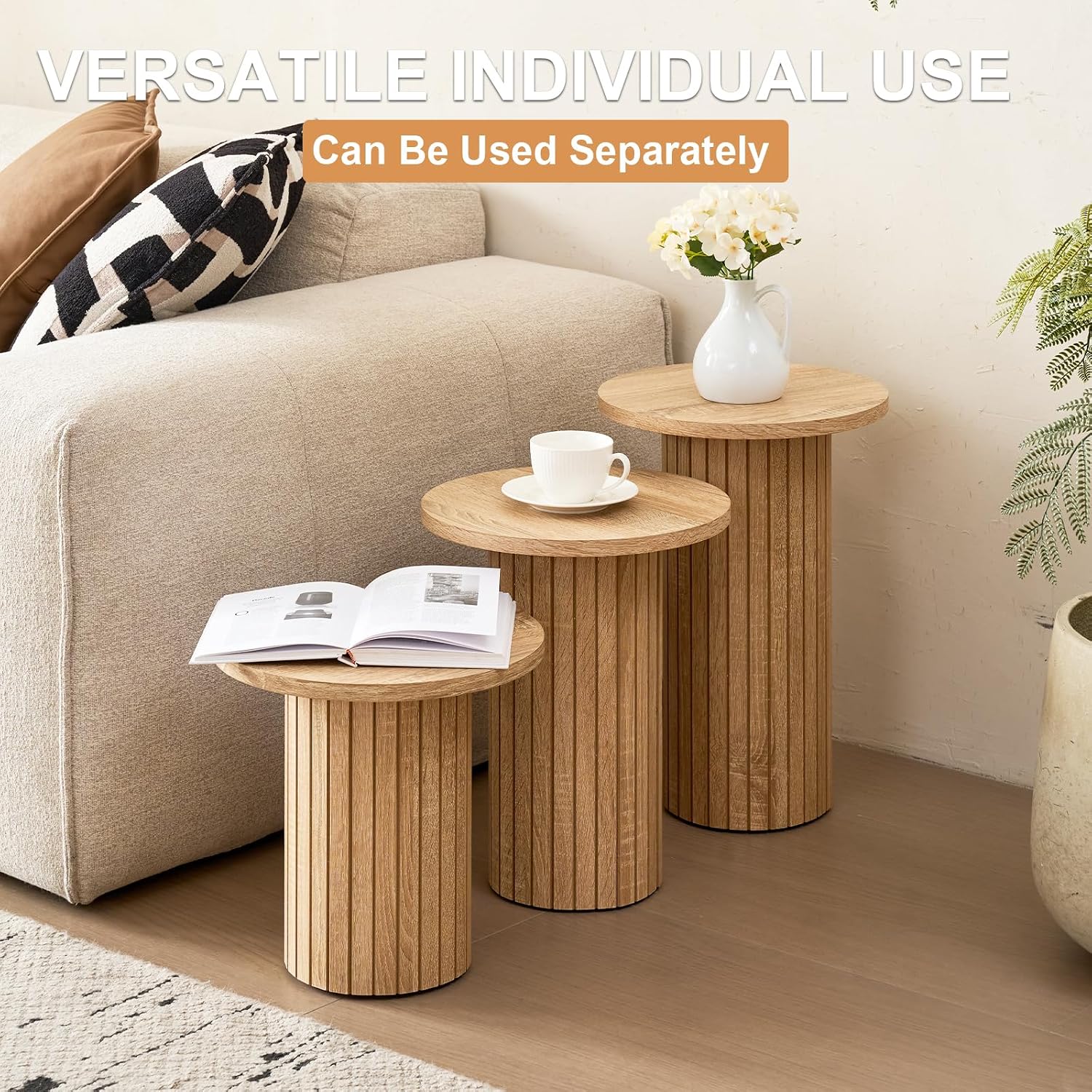 3-Piece Nesting Coffee Table Set, Modern Small Round Wood Side Tables, Fluted Drum Base, for Living Room Bedroom Apartment Small Space, Natual