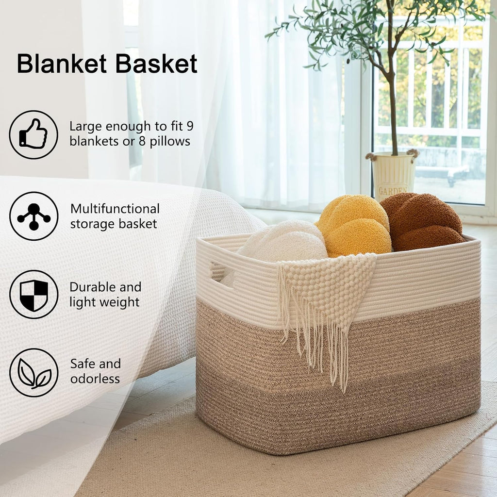 OIAHOMY 118L Extra Large Blanket Basket, Rectangle Woven Cotton Rope Storage Basket,Used for storing Dirty Clothes, Stuffed Animal Toy Storage for Living Room,Kids Room,25" x 17" x 16", Gradient Brown