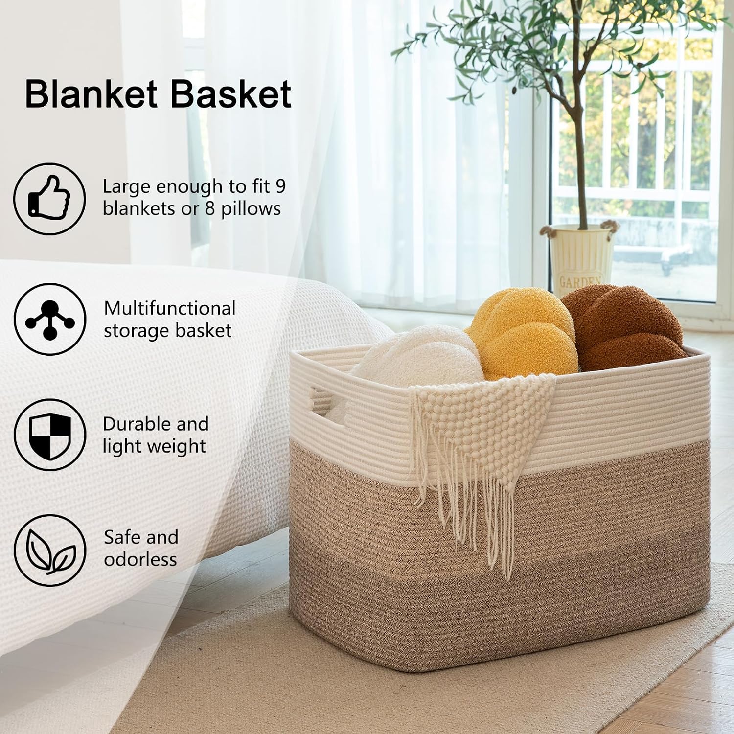 OIAHOMY 118L Extra Large Blanket Basket, Rectangle Woven Cotton Rope Storage Basket,Used for storing Dirty Clothes, Stuffed Animal Toy Storage for Living Room,Kids Room,25" x 17" x 16", Gradient Brown