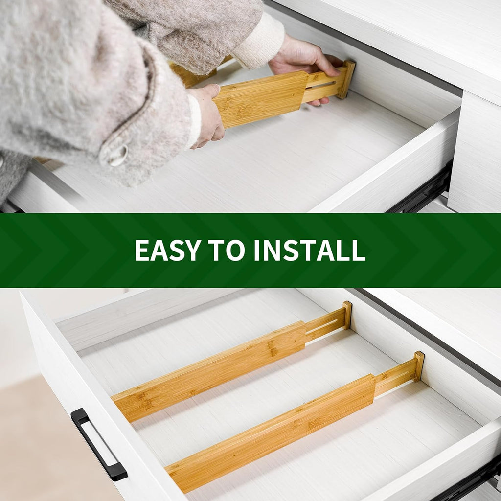 VaeFae 6-Pack Adjustable Bamboo Drawer Dividers, Expandable Drawer Organizer for Kitchen Utensils, Clothes, Bathroom, Office – Fits Drawer Interiors 16.6" to 21.8"