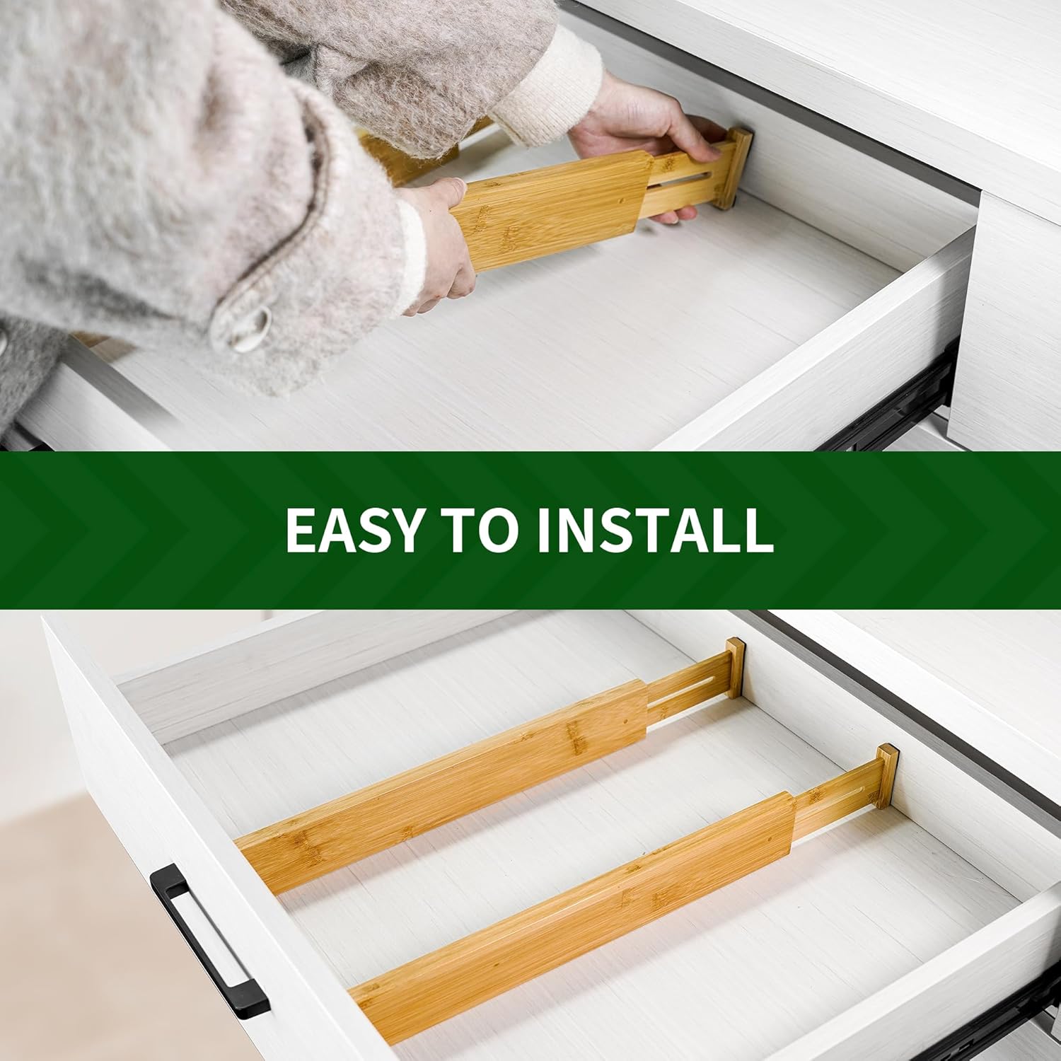 VaeFae 6-Pack Adjustable Bamboo Drawer Dividers, Expandable Drawer Organizer for Kitchen Utensils, Clothes, Bathroom, Office – Fits Drawer Interiors 16.6" to 21.8"