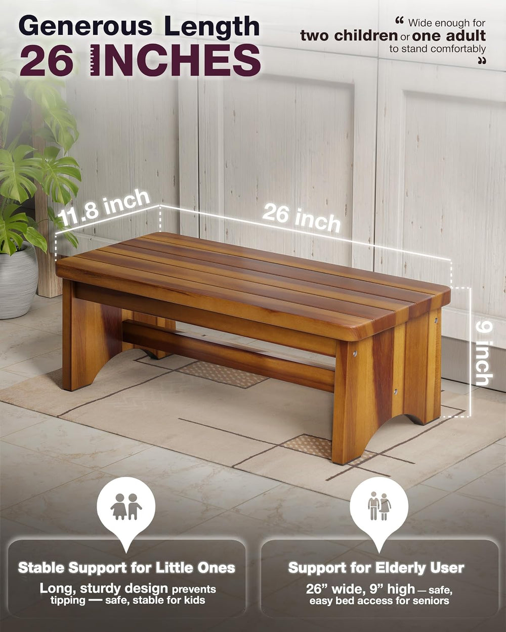 FANATU Extra Wide 26in Wooden Step Stool, Heavy Duty, Holds Up to 550 lbs | R...
