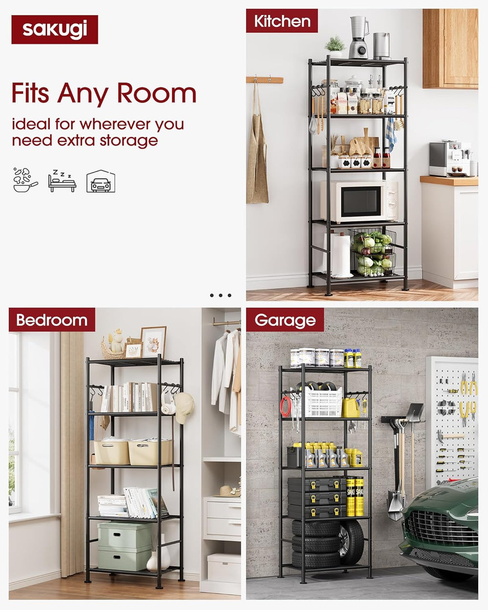 Sakugi Storage Shelves - 5-Tier Large Capacity Shelf Organizer with Hooks, He...