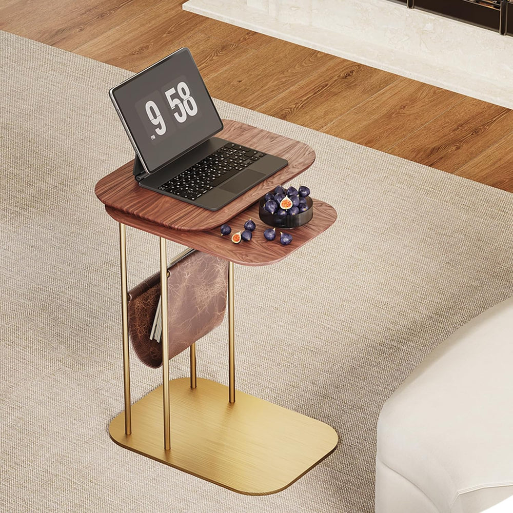 LOVEDIMA C-Shaped Walnut & Gold Rotating Side Table with Storage - 360° S...