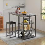 VECELO Small Bar Table and Chairs Set for 2, Upholstered Stools & Glass Storage Shelves, for Kitchen Dining Breakfast Nook, Space-Saving, Faux Marbled & Black