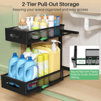 Under Sink Organizer, 2 Pack 2 Tier Pull out Cabinet Organizer Baskets with Mesh Sliding Drawers, Slide out Sink Storage Shelves for Home, Kitchen, Bathroom, Pantry, Office Organizers and Storag,Black