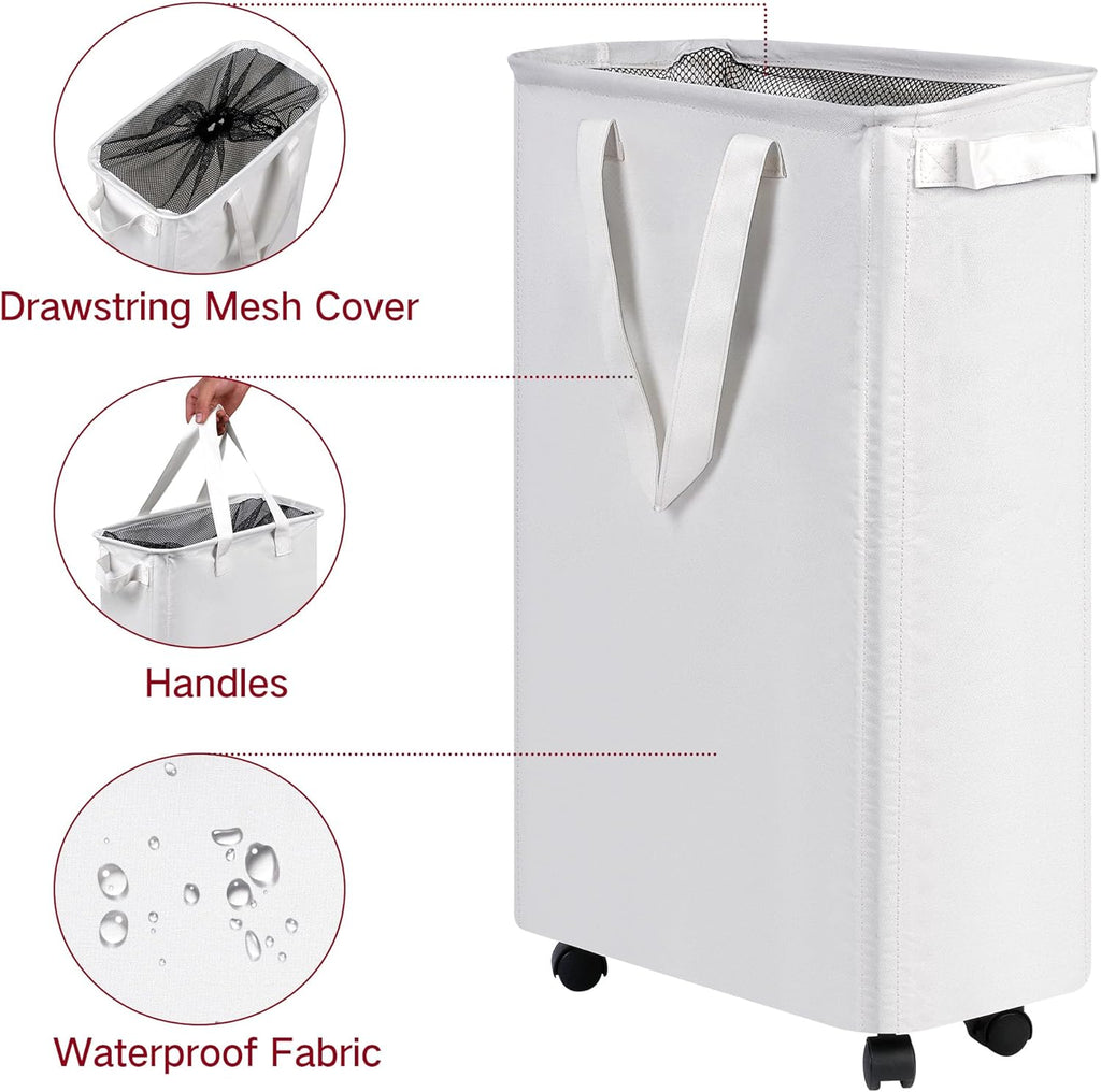 efluky Slim Laundry Hamper with Wheels, Rolling Laundry Basket for Clothes, Small Laundry Basket for Bedroom, Dorm and Laundry Room, 60L (12.7 Gallons) White