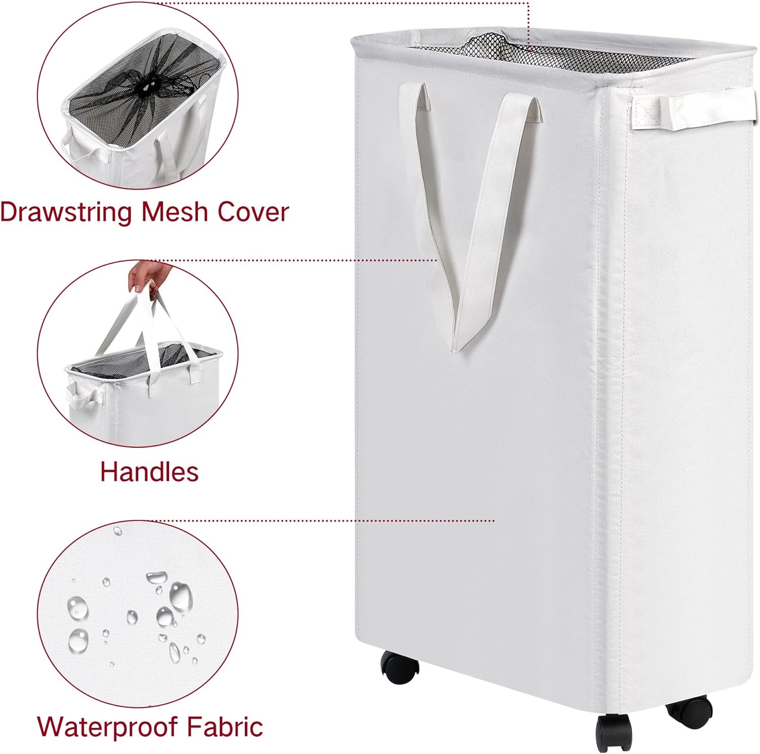 efluky Slim Laundry Hamper with Wheels, Rolling Laundry Basket for Clothes, Small Laundry Basket for Bedroom, Dorm and Laundry Room, 60L (12.7 Gallons) White