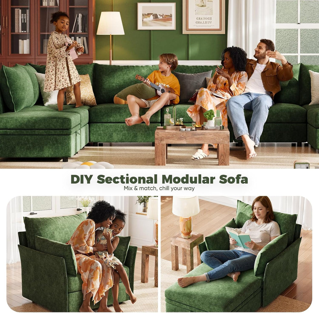 102.6" L Shaped Modular Sectional Sofa with Washable Chenille Cover, 4 Seater Deep Seat Couch with Storage Ottoman & Reversible Chaise for Living Room, Pet-Friendly, Green